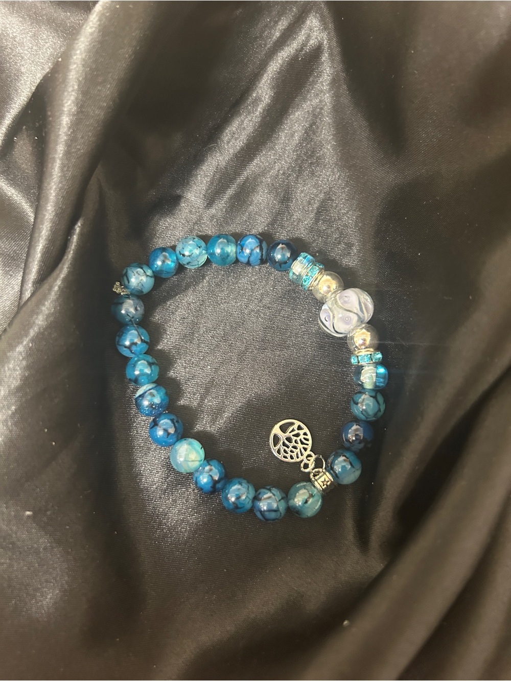 Blue Beaded Charm Bracelet with Tree of Life Accent